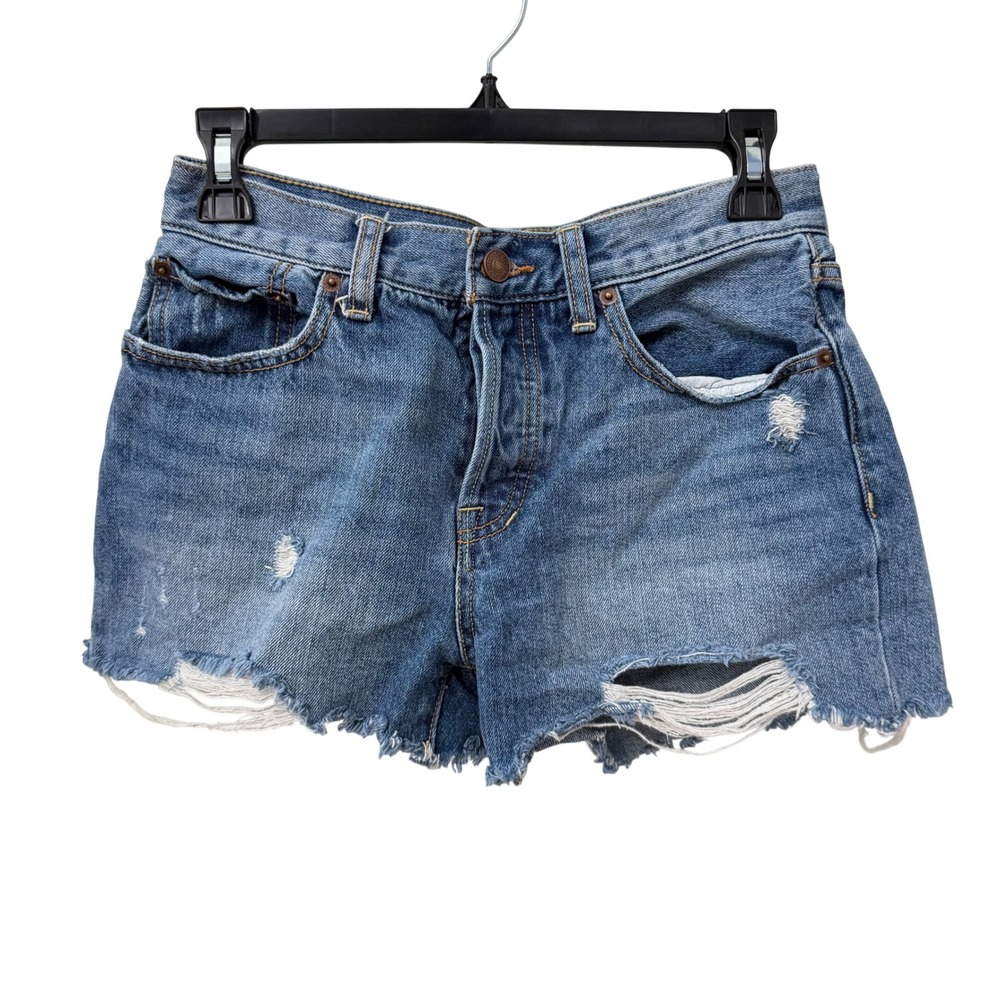 We The Free Denim Shorts 26 Blue Distressed Raw Hem Button Fly Cutoffs